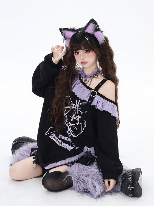 Black Asymmetrical Neckline Ruffled Purple Lace Trim Side Slit Sweatshirt