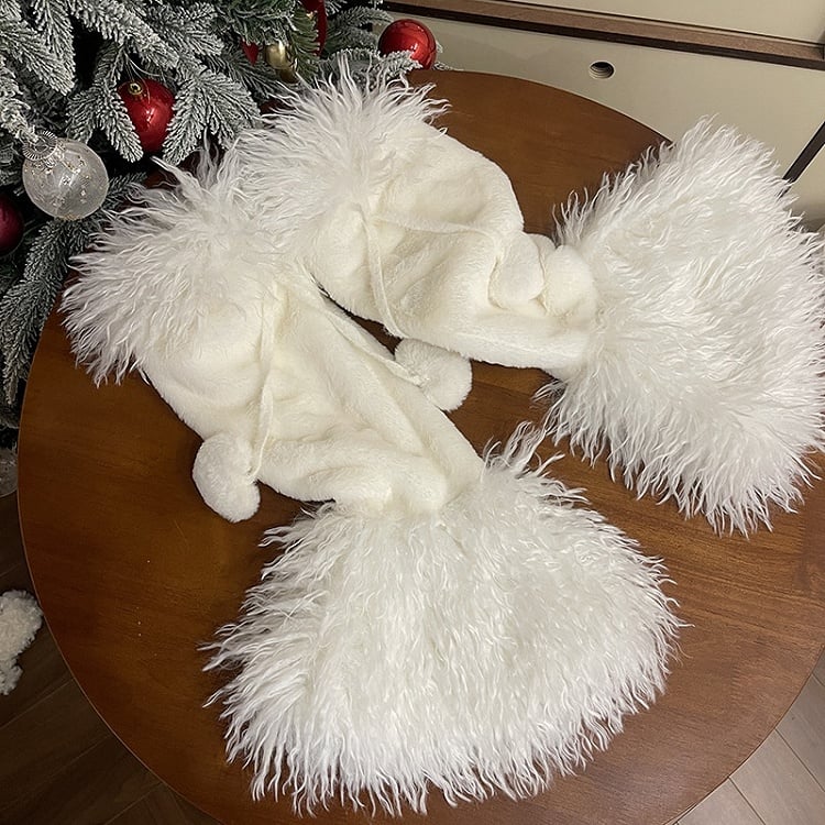 Jambières Lolita blanches à poils longs avec pompons en forme de cœur