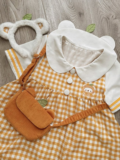 Robe à carreaux et manches courtes à col Peter Pan Orange Bear