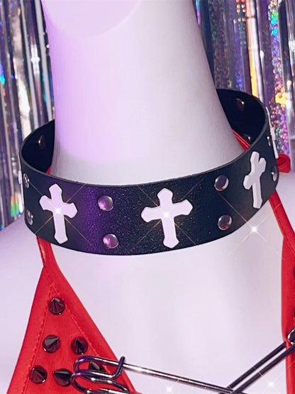 White/Red Cross Stud Detail Punk Choker