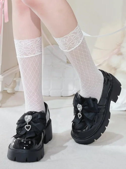 Polished 6cm Jirai with Black Loafers Rhinestone Sweetheart Bow Platform in Kei Heel