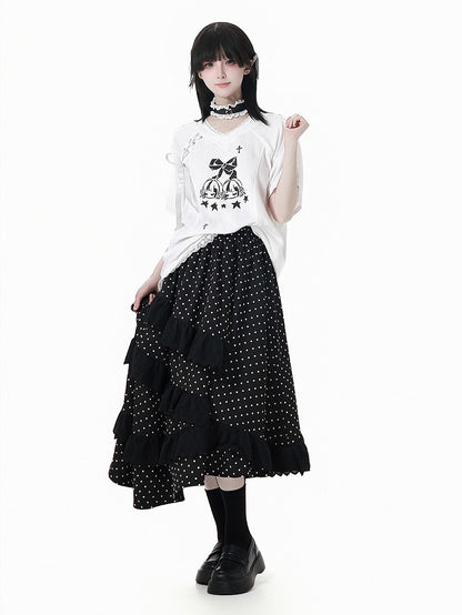 Black Elastic Waist Asymmetrical Lace Polka-Dot Skirt Trim