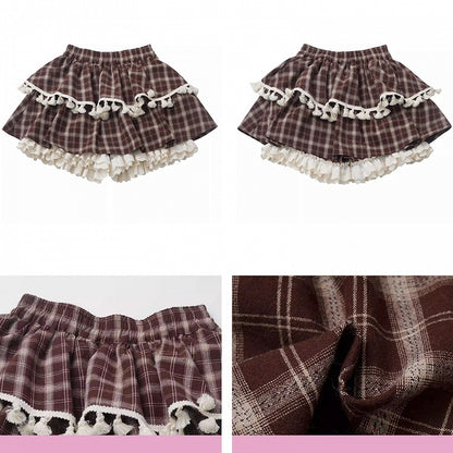 Brown Plaid Tiered Skort Ruffle Cuffs Fringe Trim