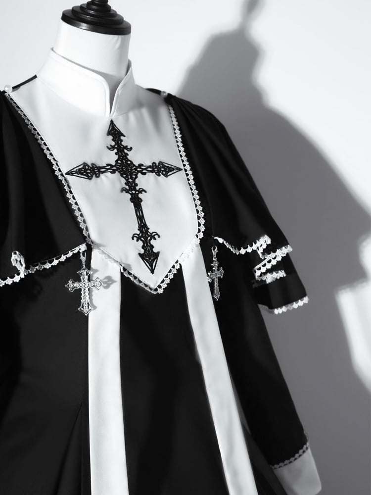 Black and White Cross Embroidery Gothic Nun Lolita Dress