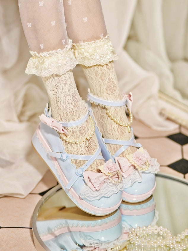Blue Design With Lace Beaded Top Heart Platforms Detachable Buckle Chain at Trim Floral Bow