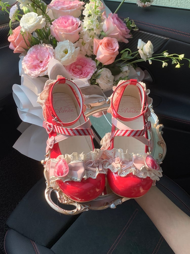 Lolita Velvet Mary Shoes Strawberry Sweet Jane Cake Red