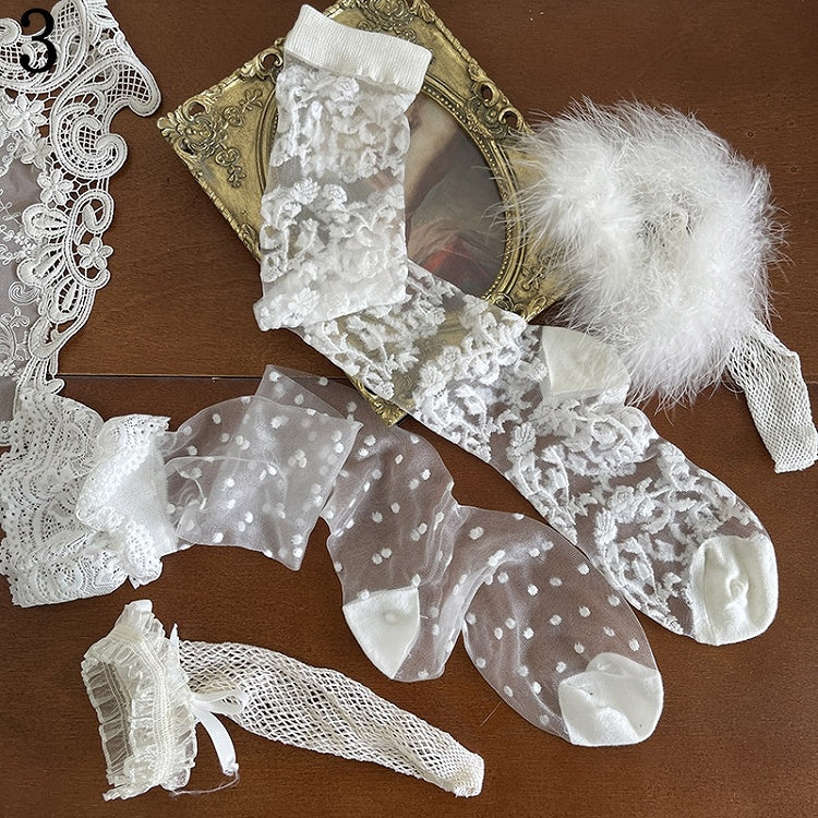 Lace Stockings/Floral Pattern Trims Socks/Lace Tulle Hollow-out Underknee White Socks Fishnet Stockings/Feather