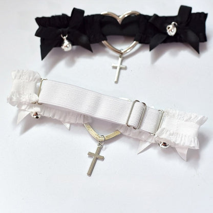 Black/White Bowknot Punk Choker Details Pendant Cross