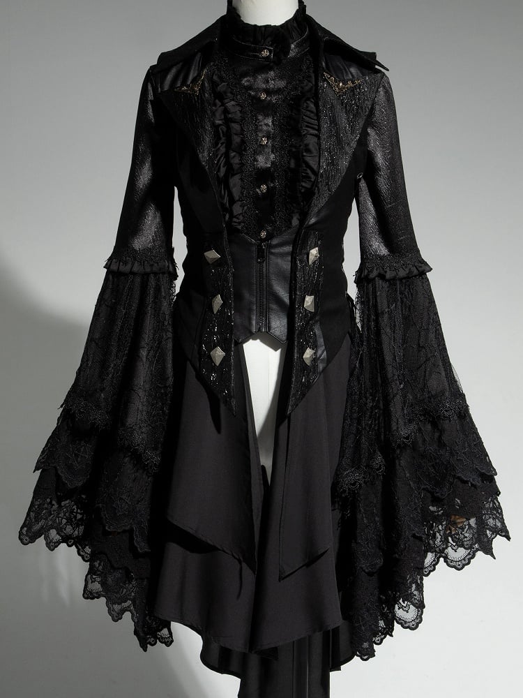 Lolita Ouji All Sleeves Tail Set Fashion Long Bell - Shirt + Waistcoat Black Gothic