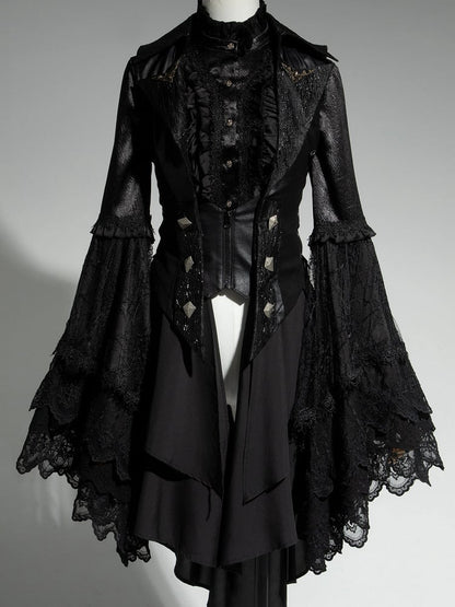 Lolita Ouji All Sleeves Tail Set Fashion Long Bell - Shirt + Waistcoat Black Gothic