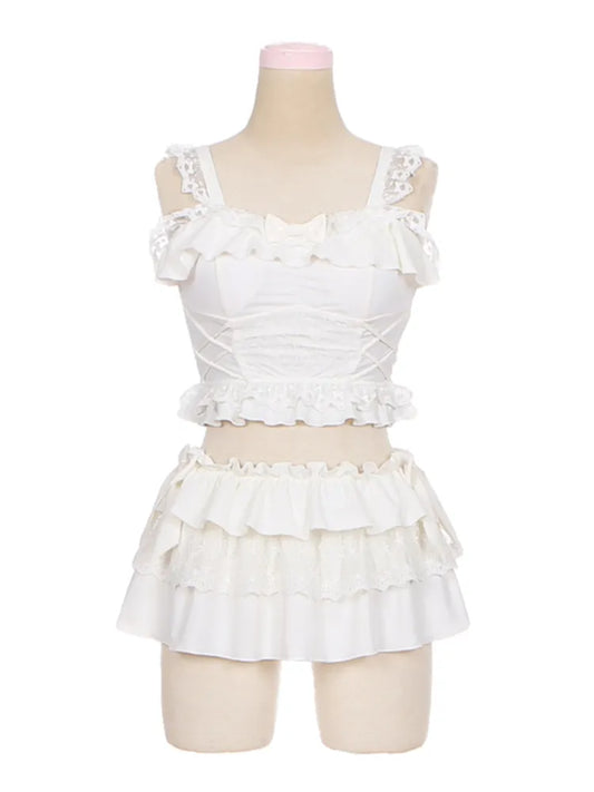 Details Tiered Trim White Bowknot Ruffle Skirt + Top Swimsuit