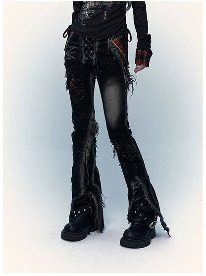 Black Split Cuffs Distressed Flared Jeans with Lace-up
