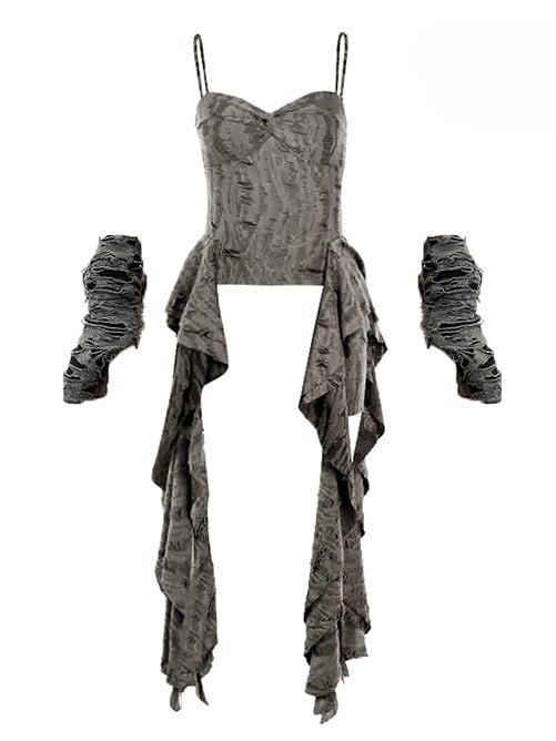 Gloves Gray Bittersweet Accents Top Ruffle Cascading + Distressed Details Cami