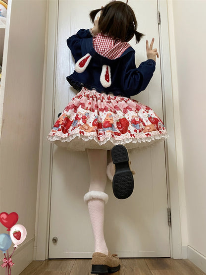 Robe salopette Lolita rose clair à gros nœud et oreilles de lapin, imprimé fraise et lapin printanier