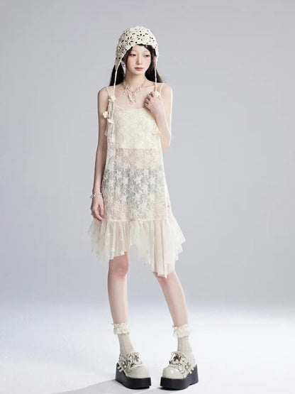 Strapless Hem Cropped Sequins Mesh Slip Dress/Apricot Apricot Semi-sheer Top Star Pattern Asymmetrical