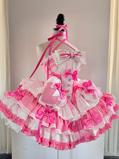 Pink Boned Basque Waist Puffy Dress with Bowknots and Big Padded Heart