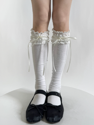 Lace-Trimmed 6 Options Sweet Color Bow Ribbon Stockings