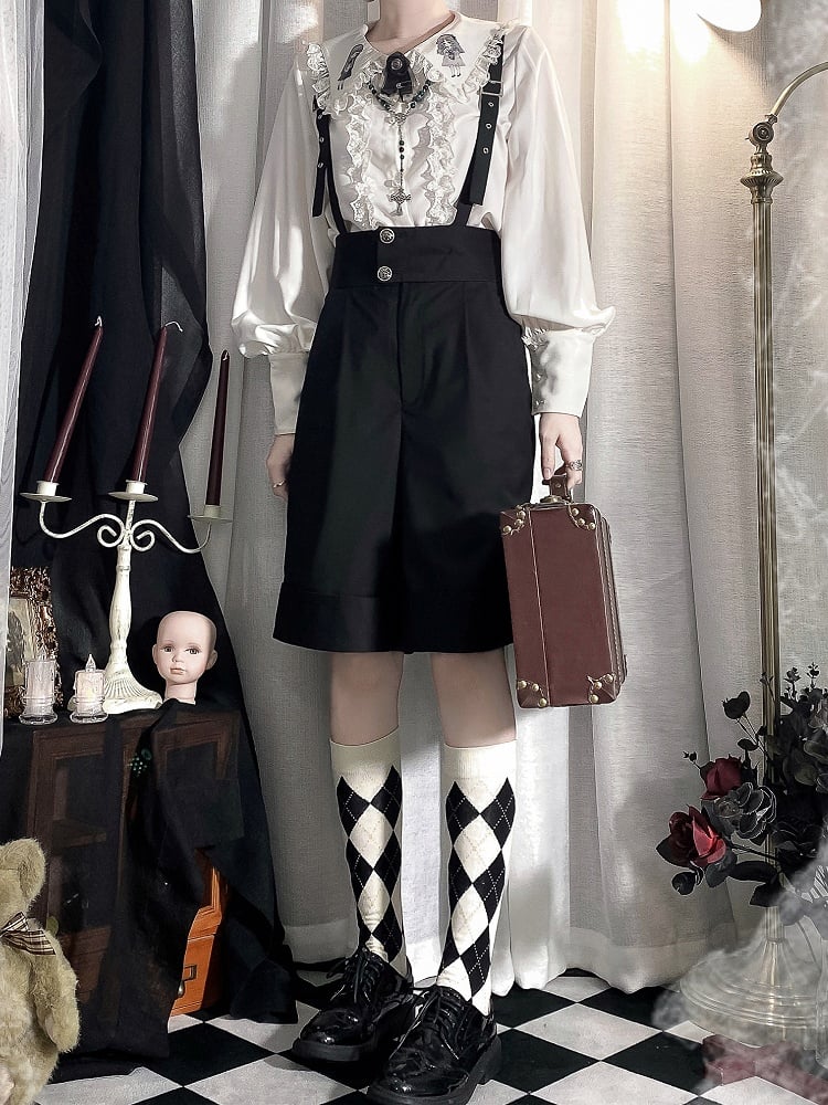Black High Waist Ouji Lolita Straight-leg Cut Overall Shorts