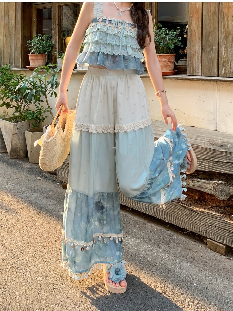 Tassel Hem Shell Charm Wide-Leg Holiday Pants Blue Colorblock Design