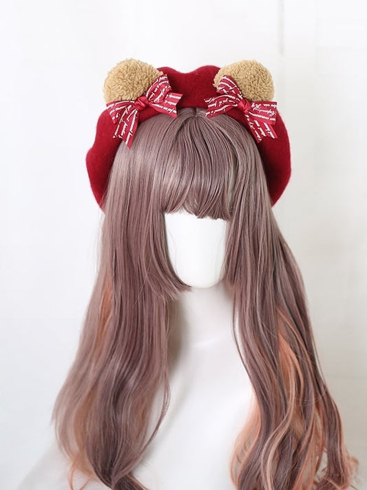 Dark 2 Lolita Beret Ear Bowknot Options Red Bear Style - Cute Detachable with