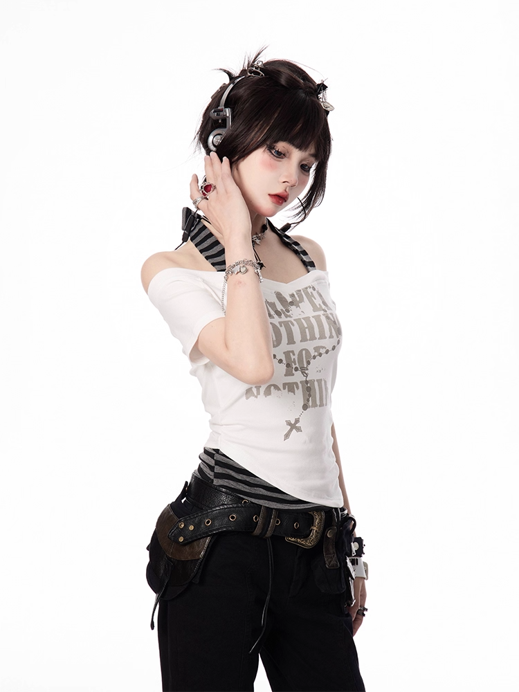 Striped Halter Neck T-shirt Gray White and Y2K Cross Necklace Print