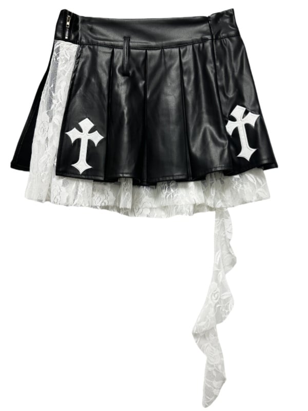 Punk Rock Black Cross Appliques PU Patchwork Box Pleat Skirt