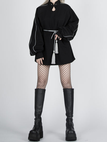 Tassel Black Reflective Sweatshirt with Qipao-Style Cyberpunk Belt