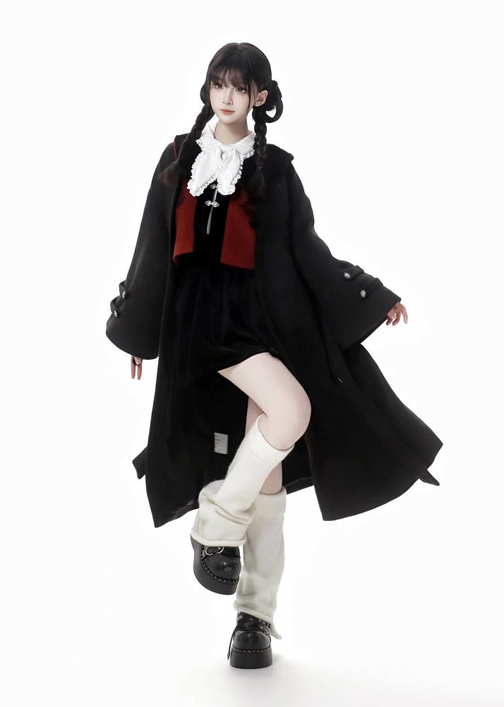 Black Open Placket Cherry Tonal Embroidery Coat