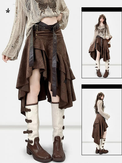 Coffee Hem Wasteland Asymmetrical Skirt Brown Punk