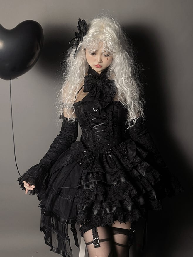 Skirt Set Sleeveless Kuro Lolita Gothic Tiered Full Halter Neck Top Black +