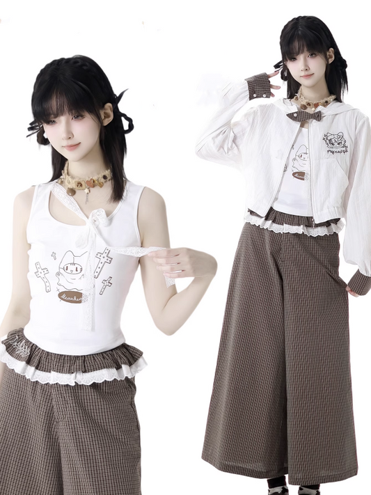 with Self-tie Strap White Cat Print Tank Top Neckline