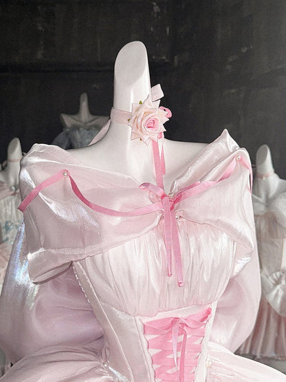 Pink Detachable Boned Basque Waist Puffy Dress with Large Bow Train