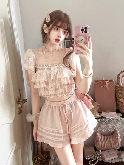 Flounce With Sakura Pink Chiffon Overlay Top Floral Embroidered Lace
