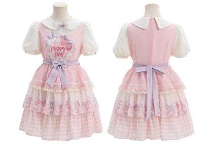 Collar Pink Lolita Dress Skirt Strawberry Cake Embroidery Sweet Peter Pan Tiered