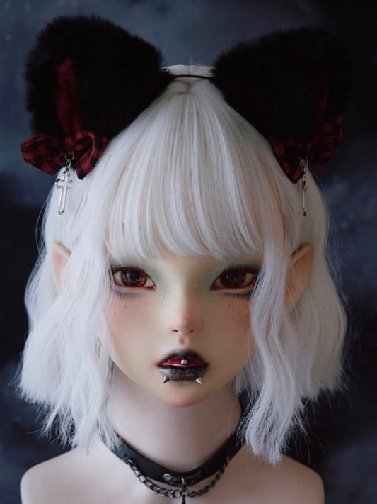Black KC And With Cross Cat Bowknot Ear Charm Red Design Plaid Pattern
