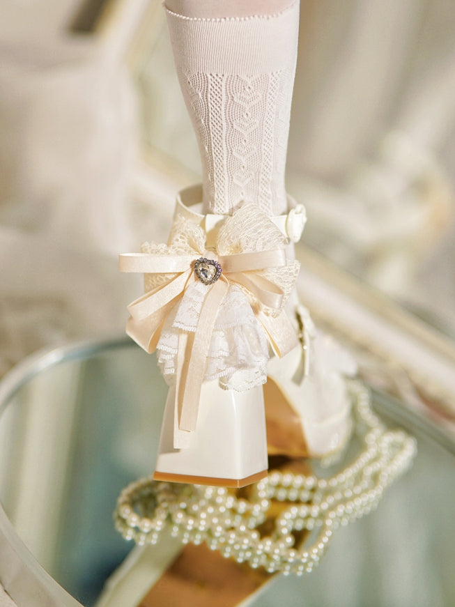 Buckles Trim Heart White Heels Bow at Lace High Top Knotted Block