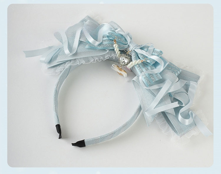 Lolita Blue Big Bow Beaded Chain and Heart Charm Lace Trim KC