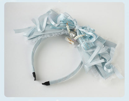 Lolita Blue Big Bow Beaded Chain and Heart Charm Lace Trim KC