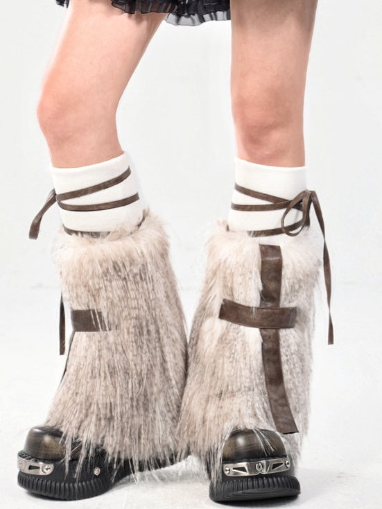 Coffee Gothic PU Cross Shaggy Leg Warmers