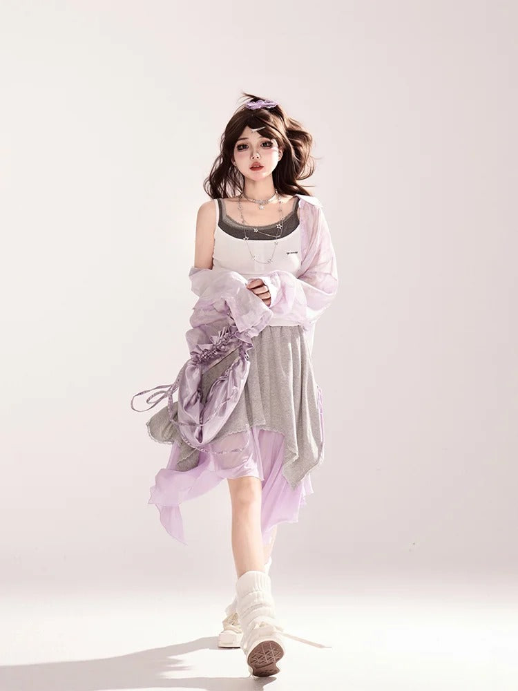 Light Waist Wide-leg Casual Loose Shirt / Pants Purple Drawstring