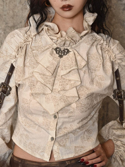 Ruffle Neckline Apricot Steampunk Balloon Sleeves Shirt