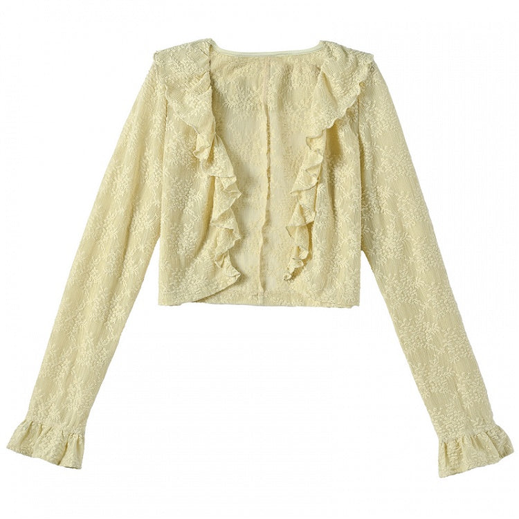 Kawaii Lace Cardigan Green Ruffled Hem Hollow-out Yume