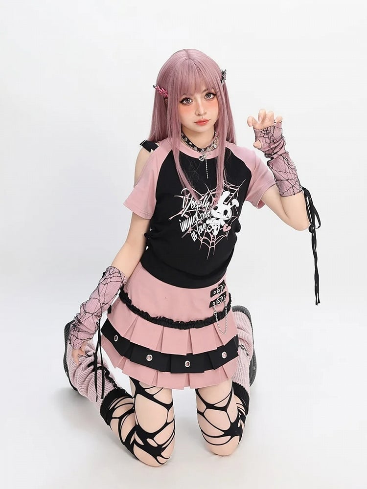 Free Red/Pink/Purple with T-Shirt Print Sleeves Y2K Cutout Shoulder Spiderweb