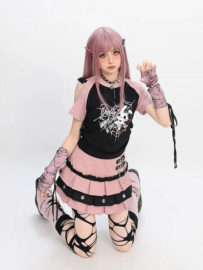 Free Red/Pink/Purple with T-Shirt Print Sleeves Y2K Cutout Shoulder Spiderweb