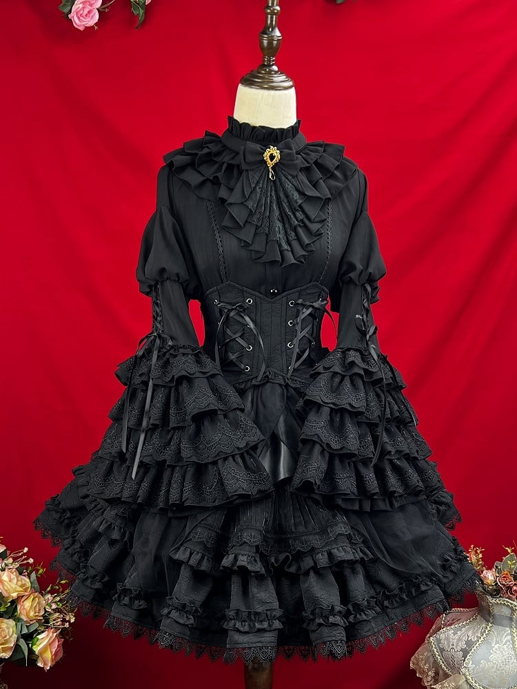 Neckline Ruffle Gothic Bell Jabot Black with Shirt Layered Sleeves Tie Kuro Lolita
