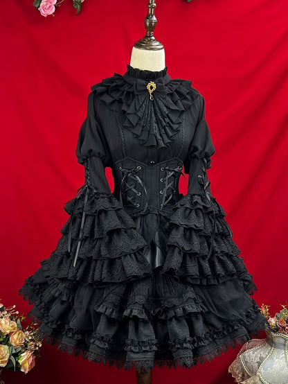 Neckline Ruffle Gothic Bell Jabot Black with Shirt Layered Sleeves Tie Kuro Lolita