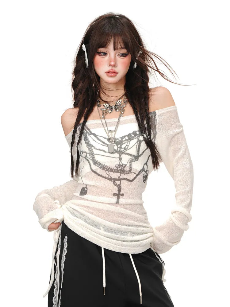 Top Graffiti White/Black Semi-sheer Drawstring Waist