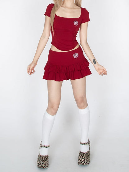 Red/Black Square Neckline Curved Hem Glamorous Cropped T-Shirt