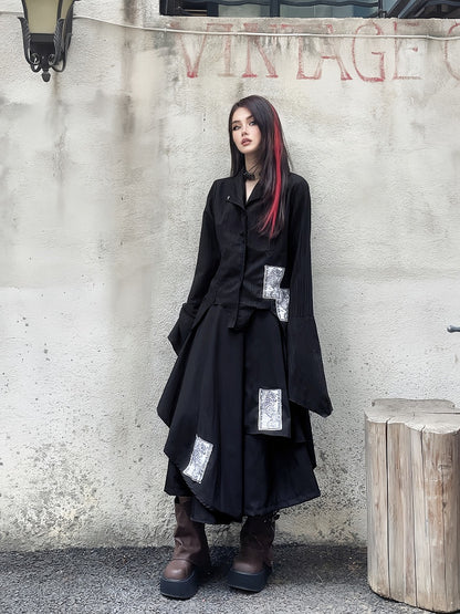Appliques Black Punk Asymmetrical Layered Wide-Leg Pants