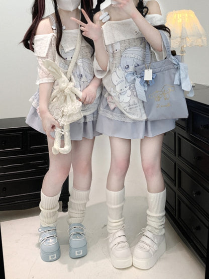 Jirai T-shirt Neckline Kei Kawaii Print Off-the-shoulder White Yami Cartoon